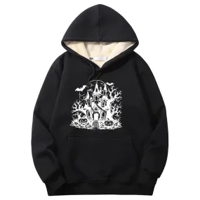 Multicolor Haunted House Warm Fleece Sherpa Lined Hoodie