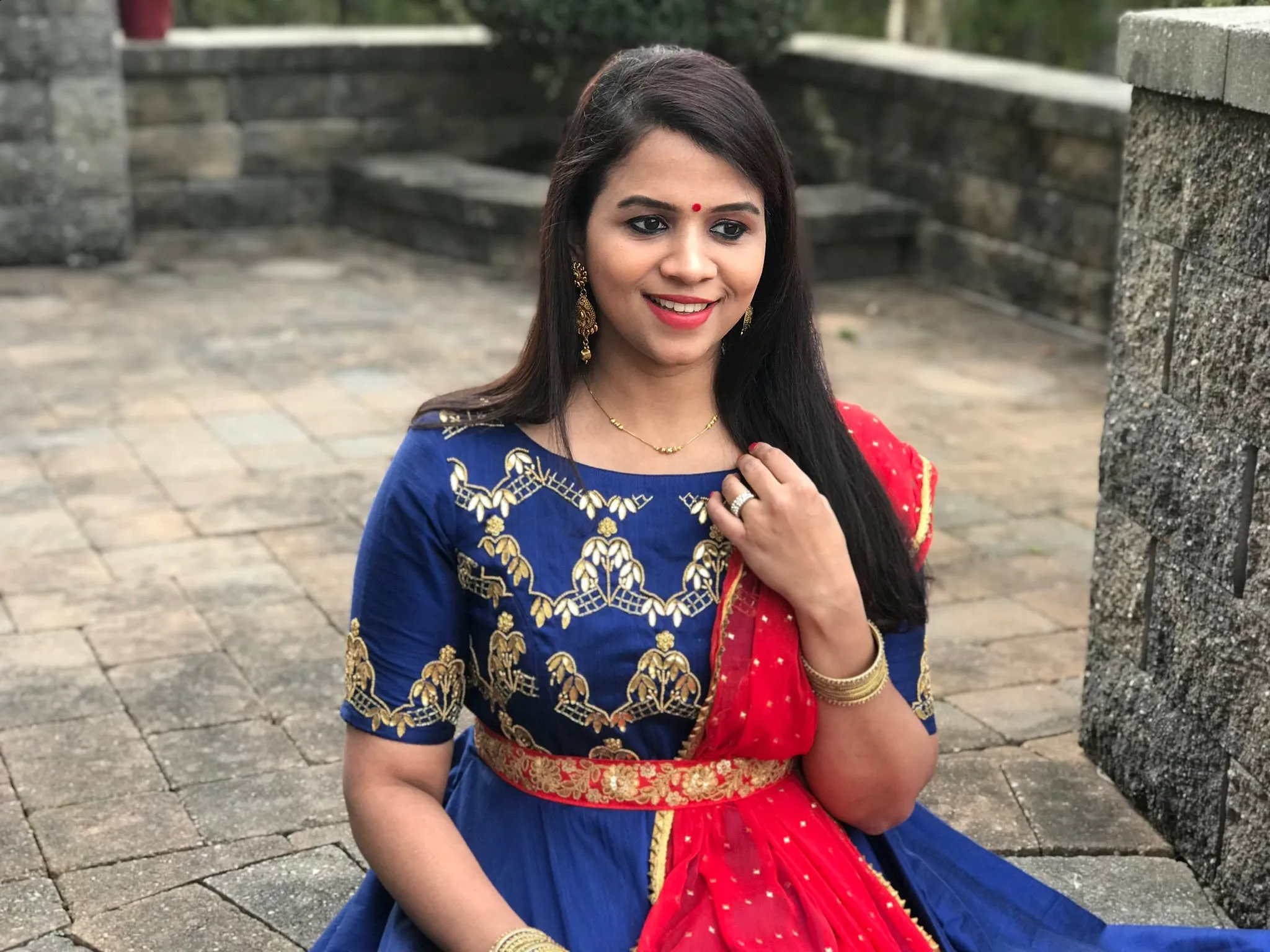 Navy blue pure raw silk work long dress