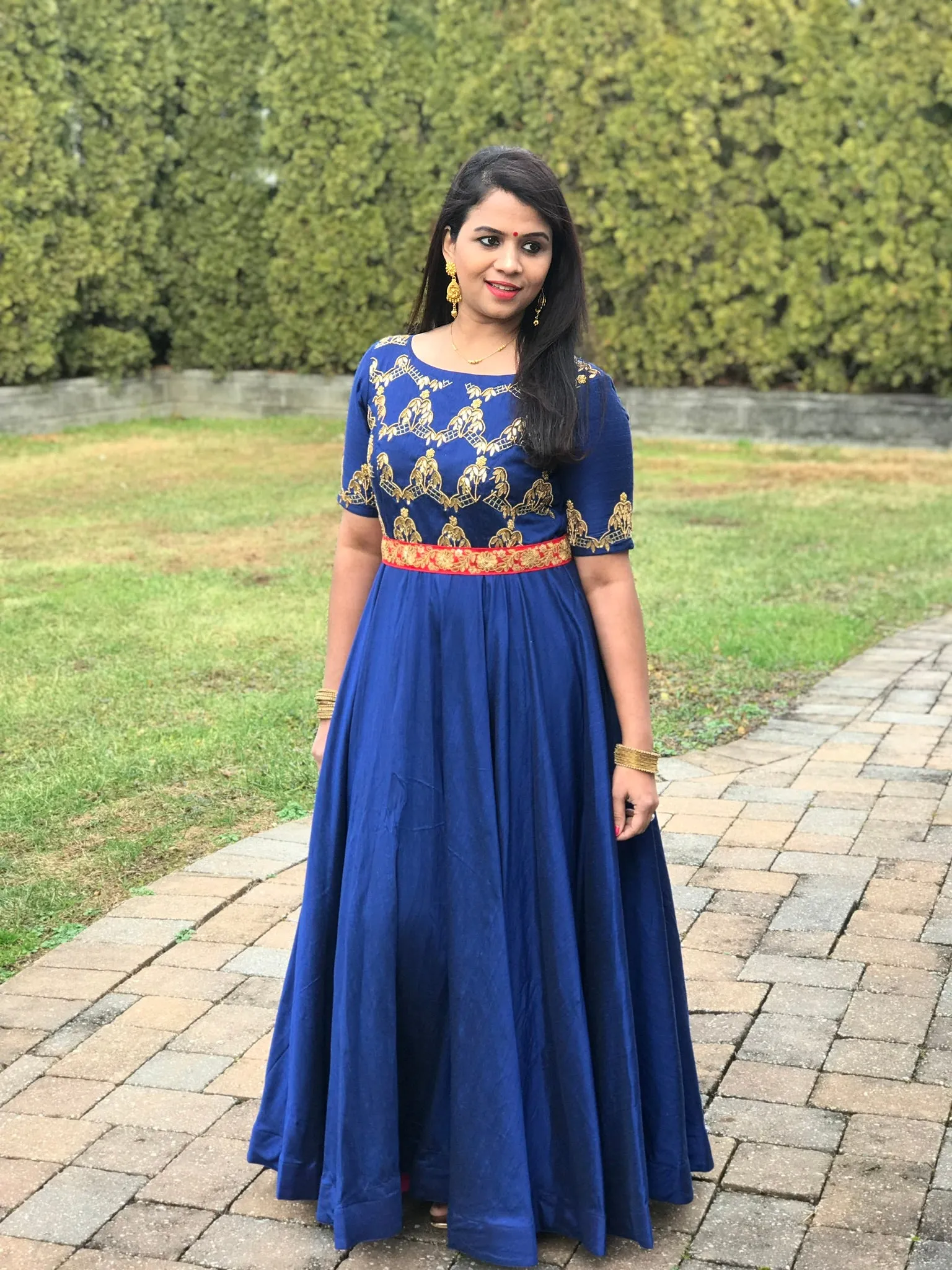 Navy blue pure raw silk work long dress