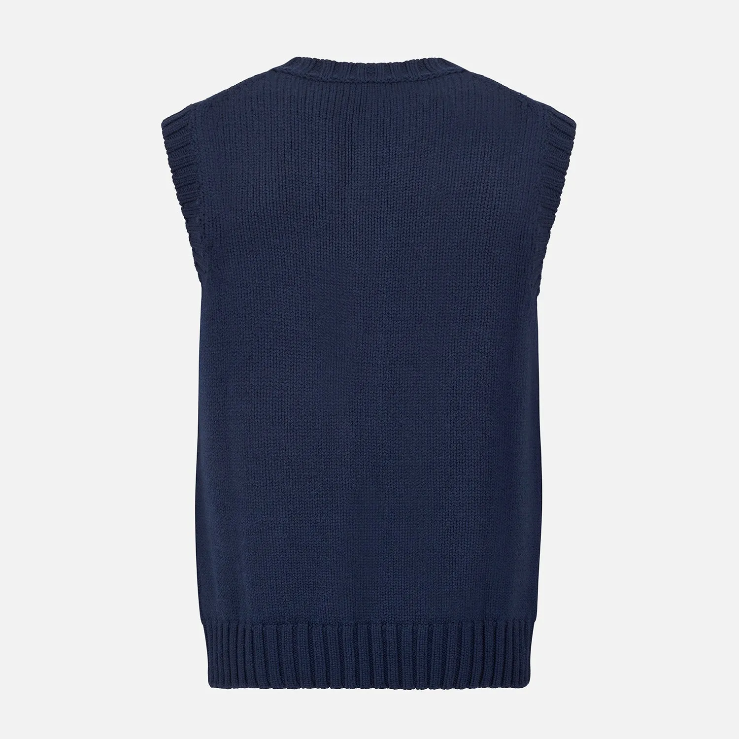 NAVY MERINO V-NECK SLEEVELESS CARDIGAN
