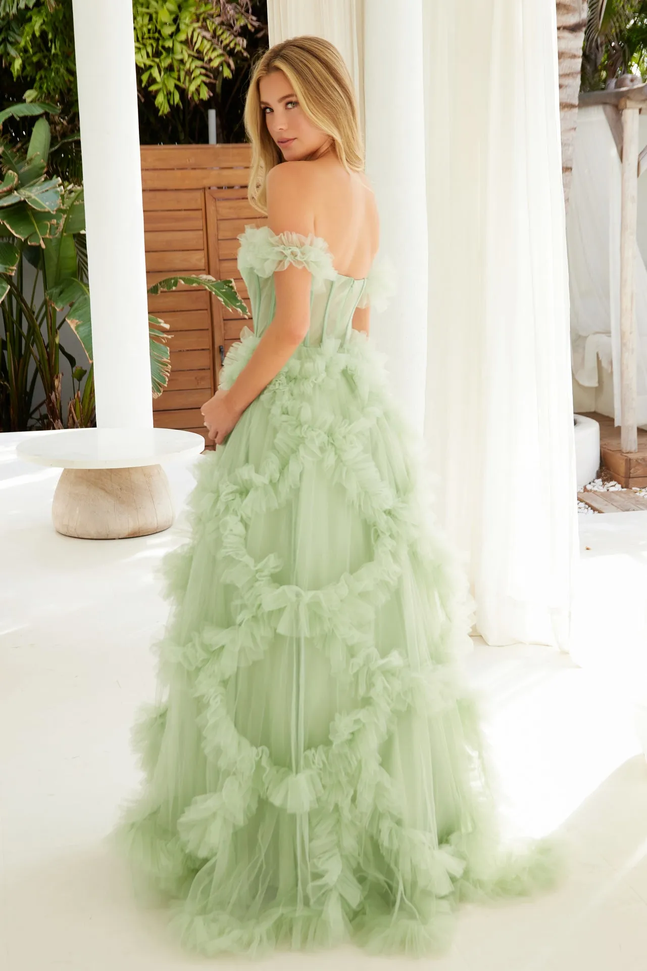 Nox Anabel Y1472 Sheer Corset Tulle Ballgown Prom Dress off the Shoulder Pleated Ruffle