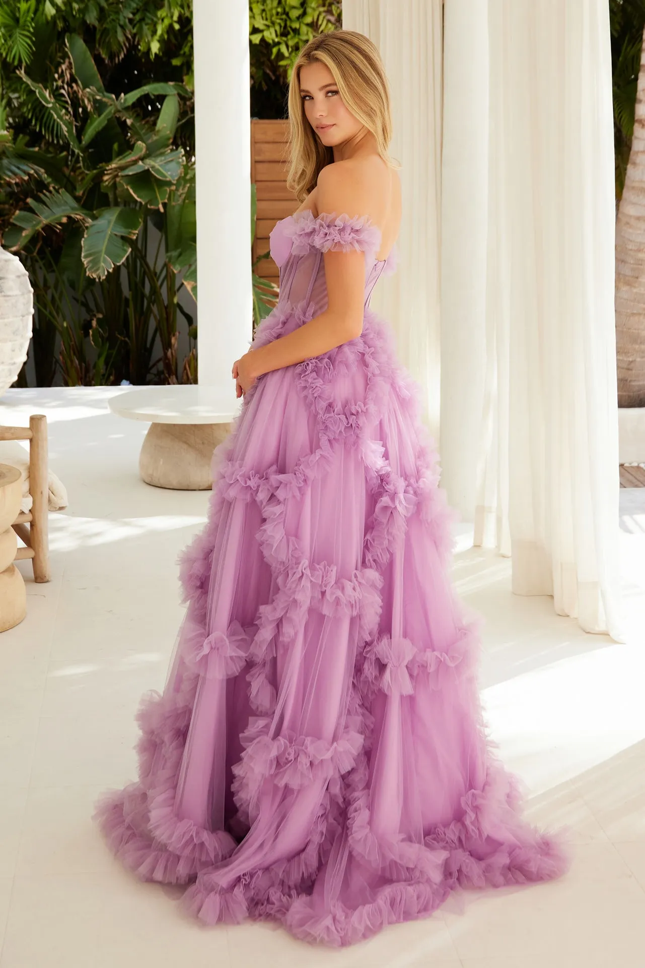 Nox Anabel Y1472 Sheer Corset Tulle Ballgown Prom Dress off the Shoulder Pleated Ruffle