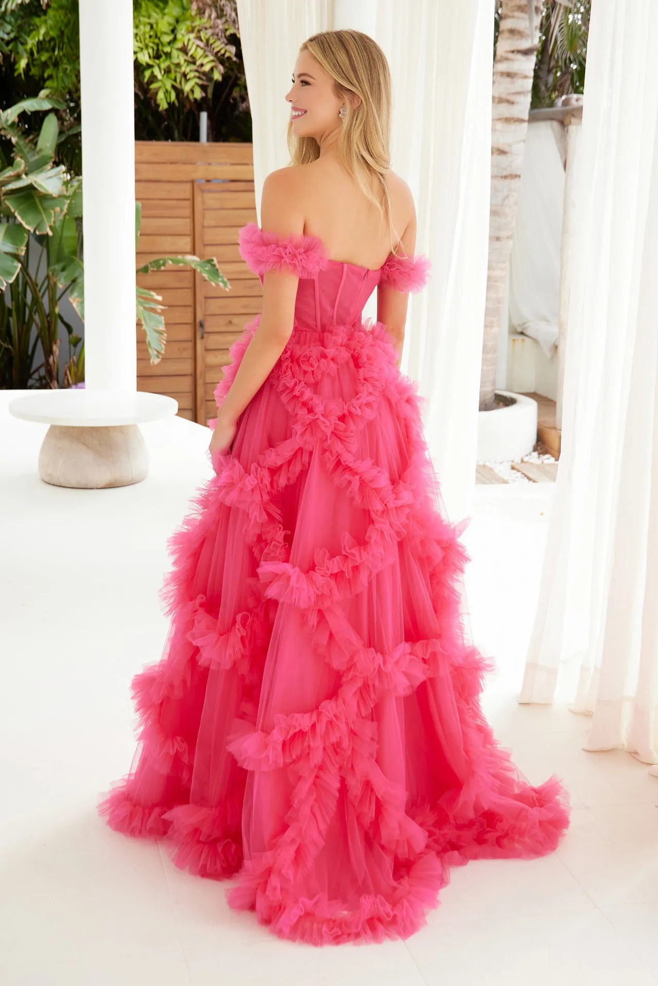 Nox Anabel Y1472 Sheer Corset Tulle Ballgown Prom Dress off the Shoulder Pleated Ruffle