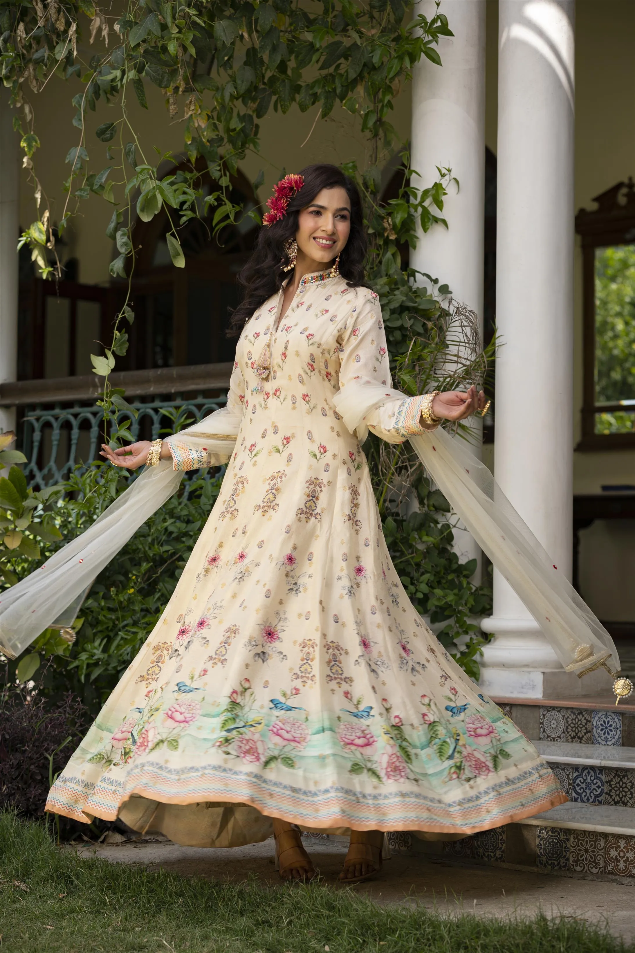 Off White Dola Silk Floral Anarkali Gown With Dupatta
