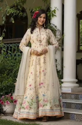 Off White Dola Silk Floral Anarkali Gown With Dupatta