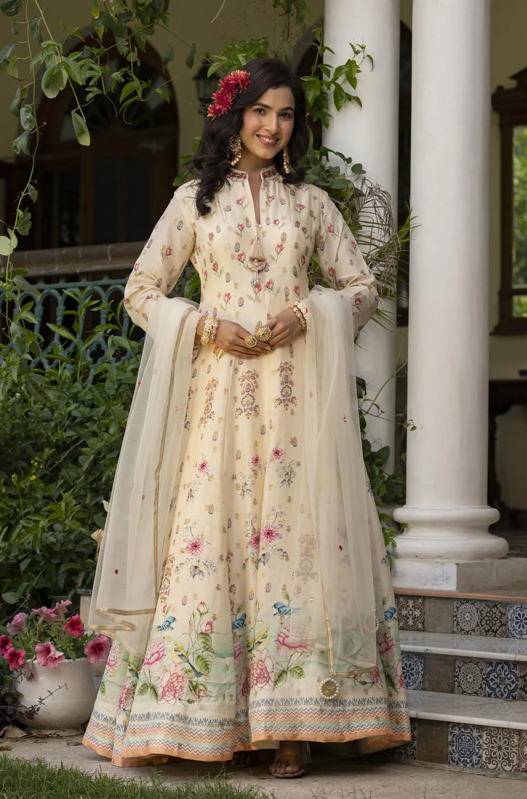 Off White Dola Silk Floral Anarkali Gown With Dupatta