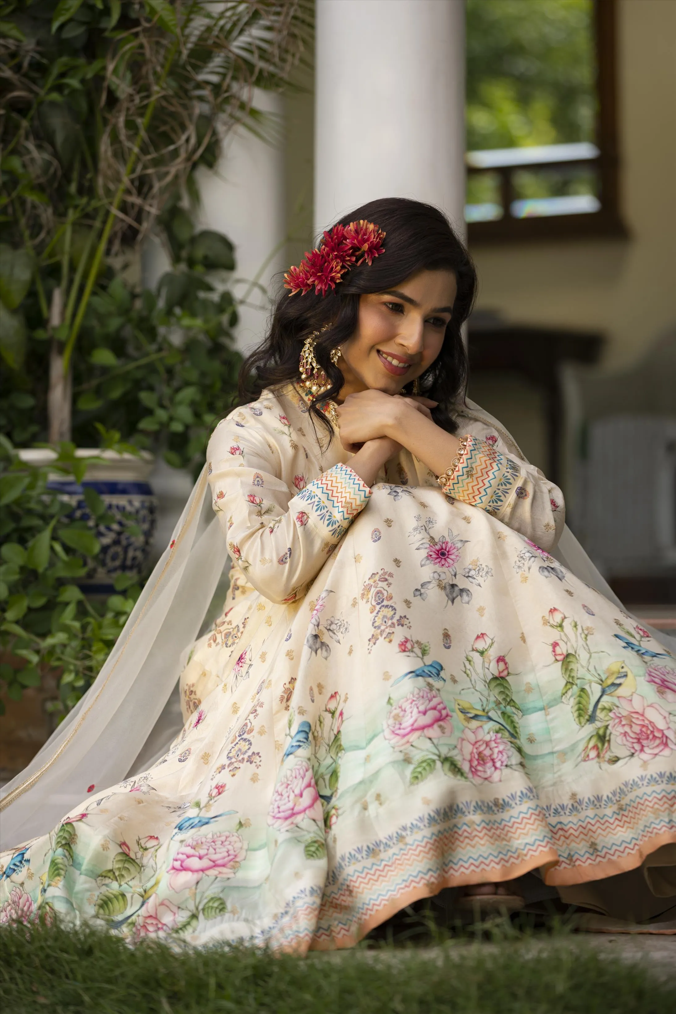 Off White Dola Silk Floral Anarkali Gown With Dupatta