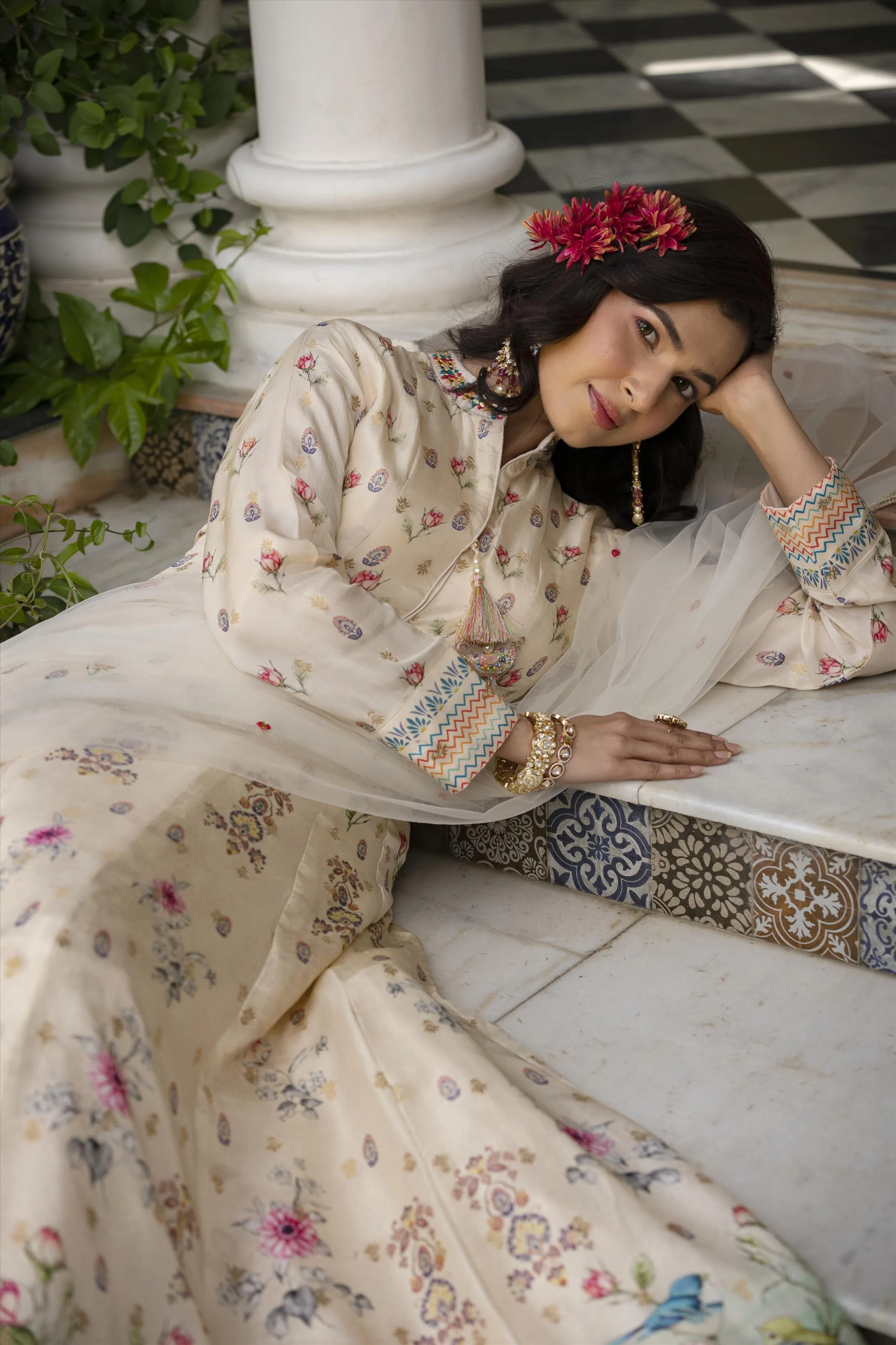 Off White Dola Silk Floral Anarkali Gown With Dupatta
