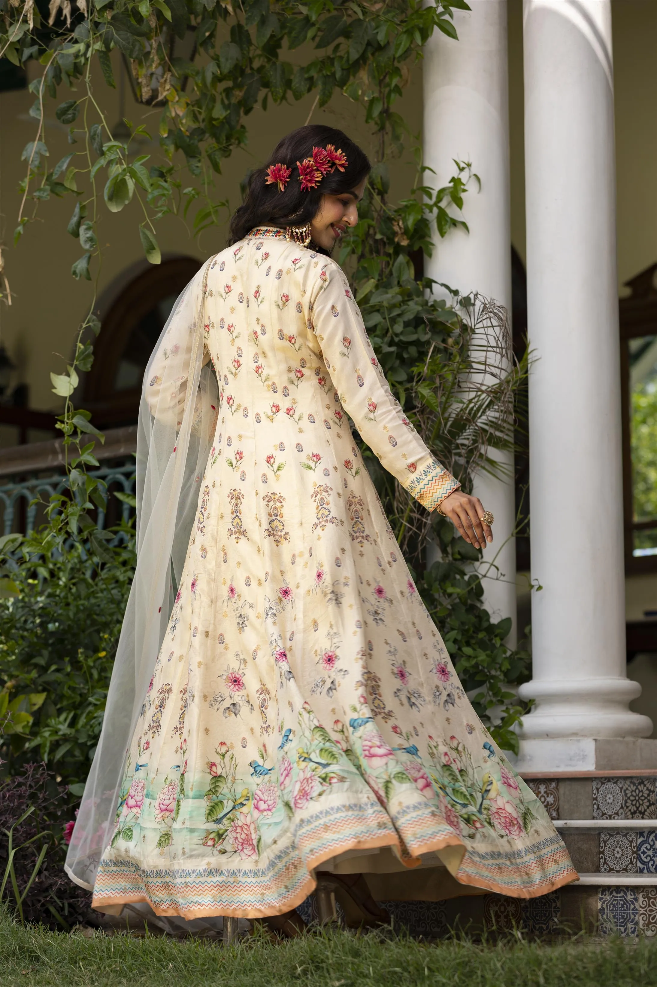 Off White Dola Silk Floral Anarkali Gown With Dupatta