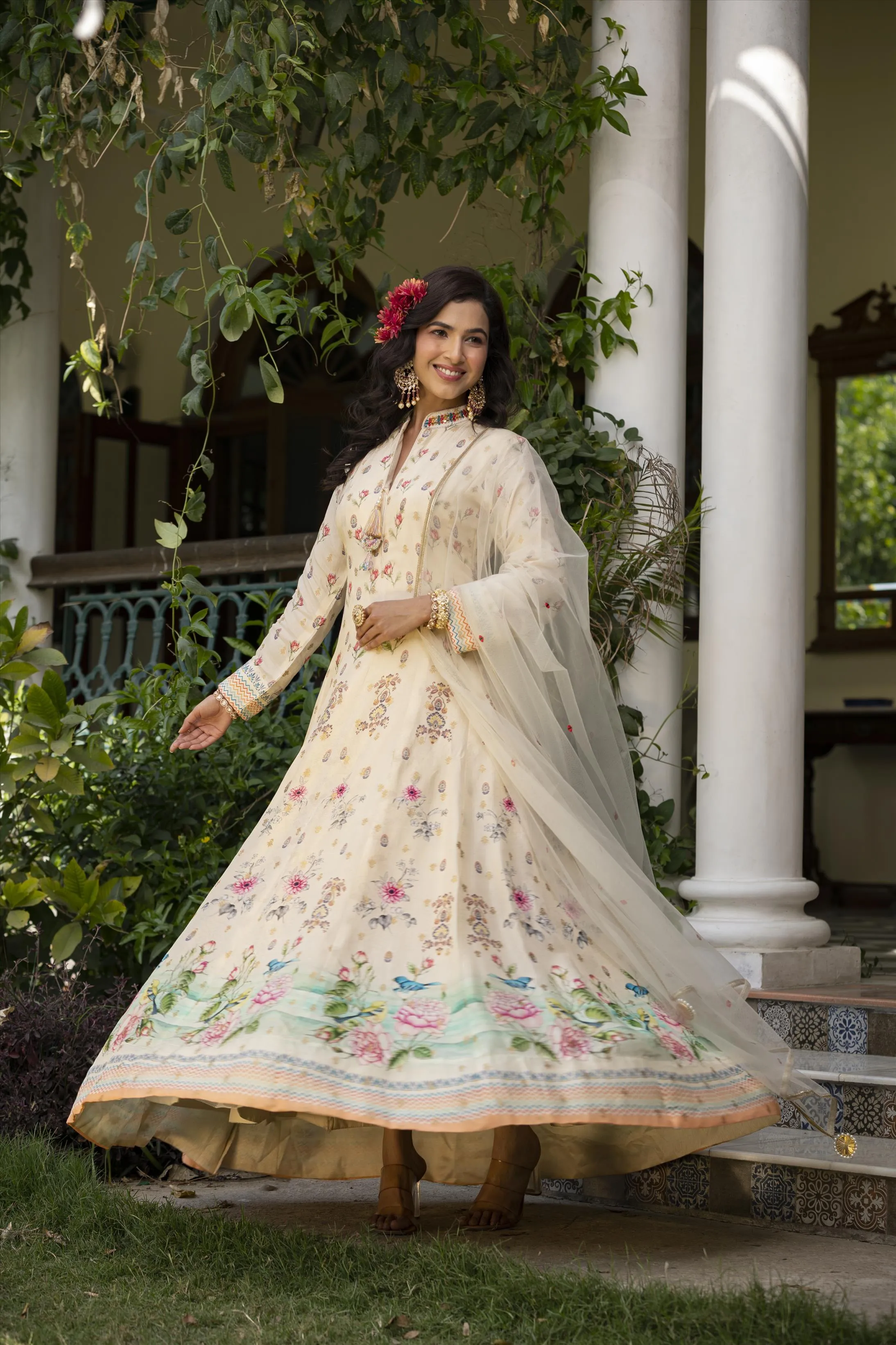 Off White Dola Silk Floral Anarkali Gown With Dupatta