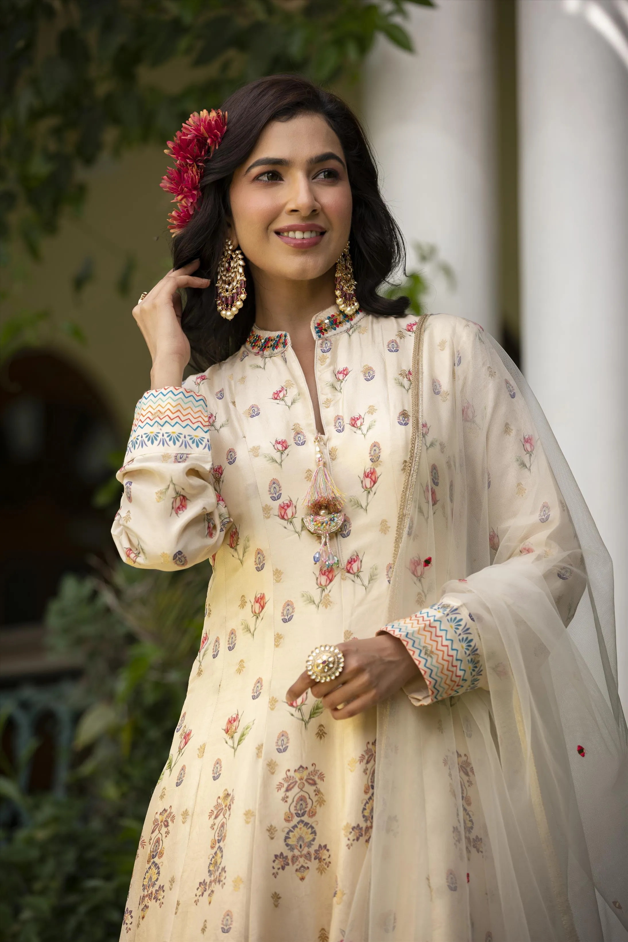 Off White Dola Silk Floral Anarkali Gown With Dupatta