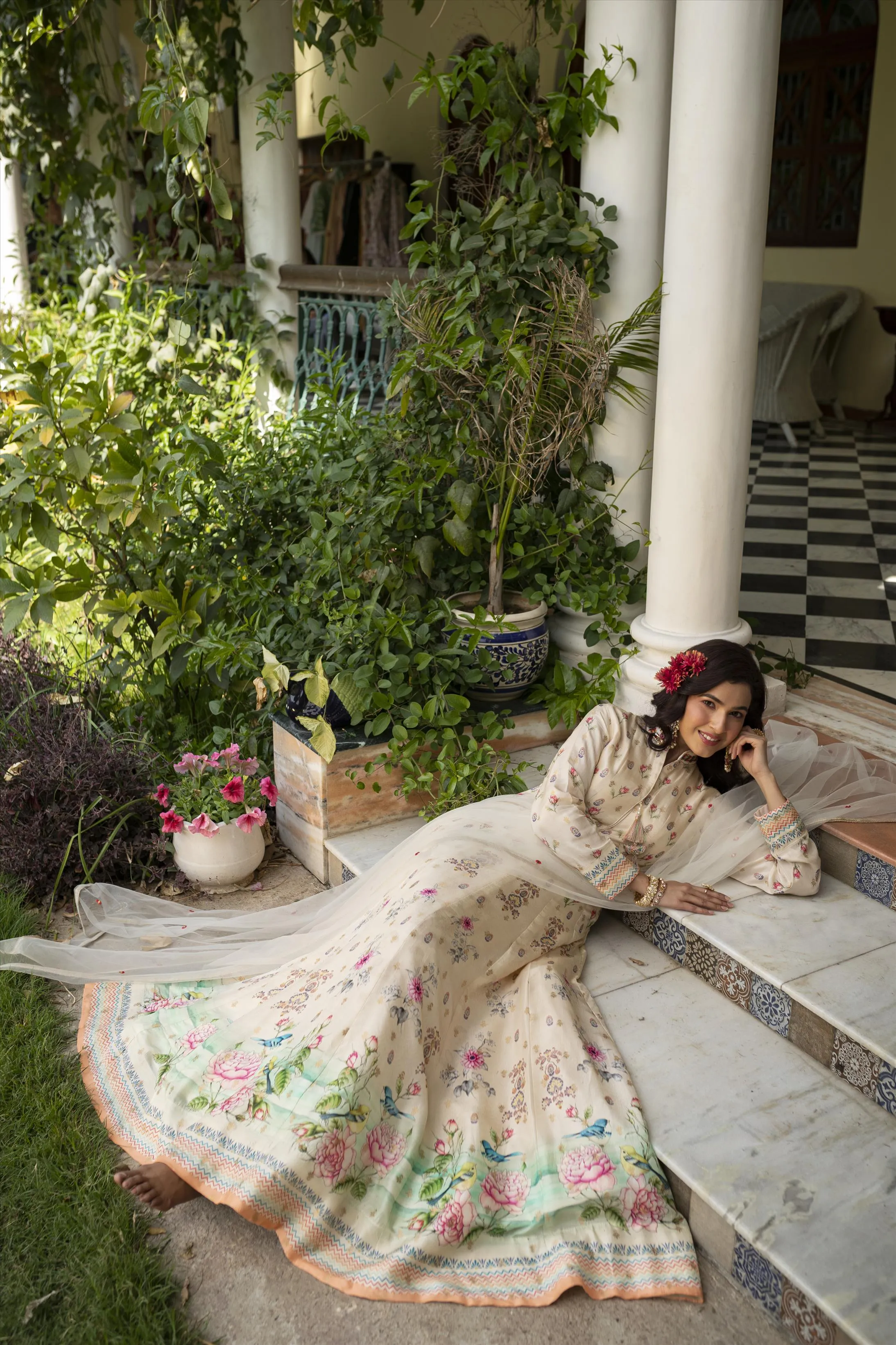 Off White Dola Silk Floral Anarkali Gown With Dupatta