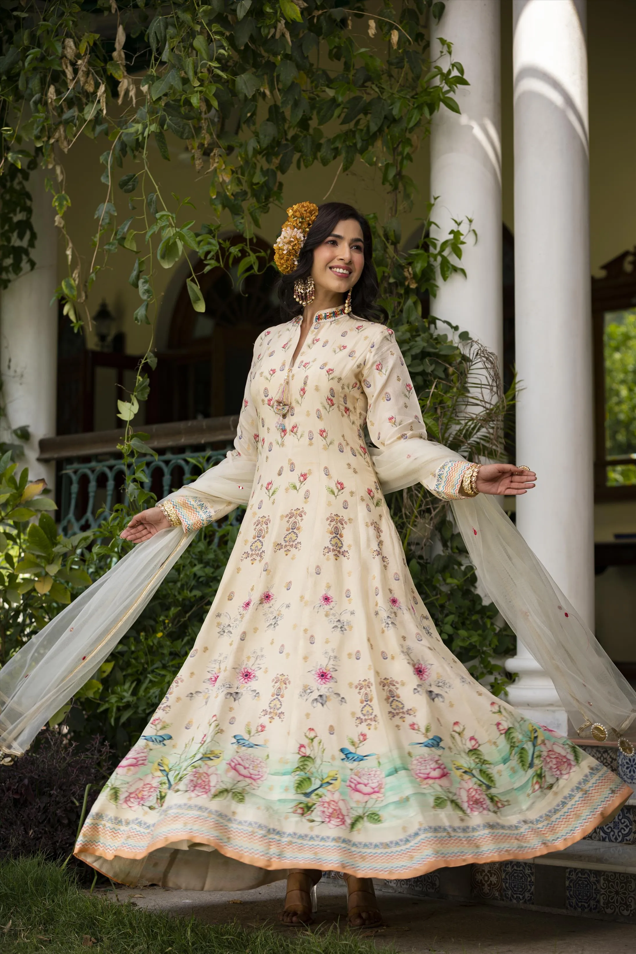 Off White Dola Silk Floral Anarkali Gown With Dupatta