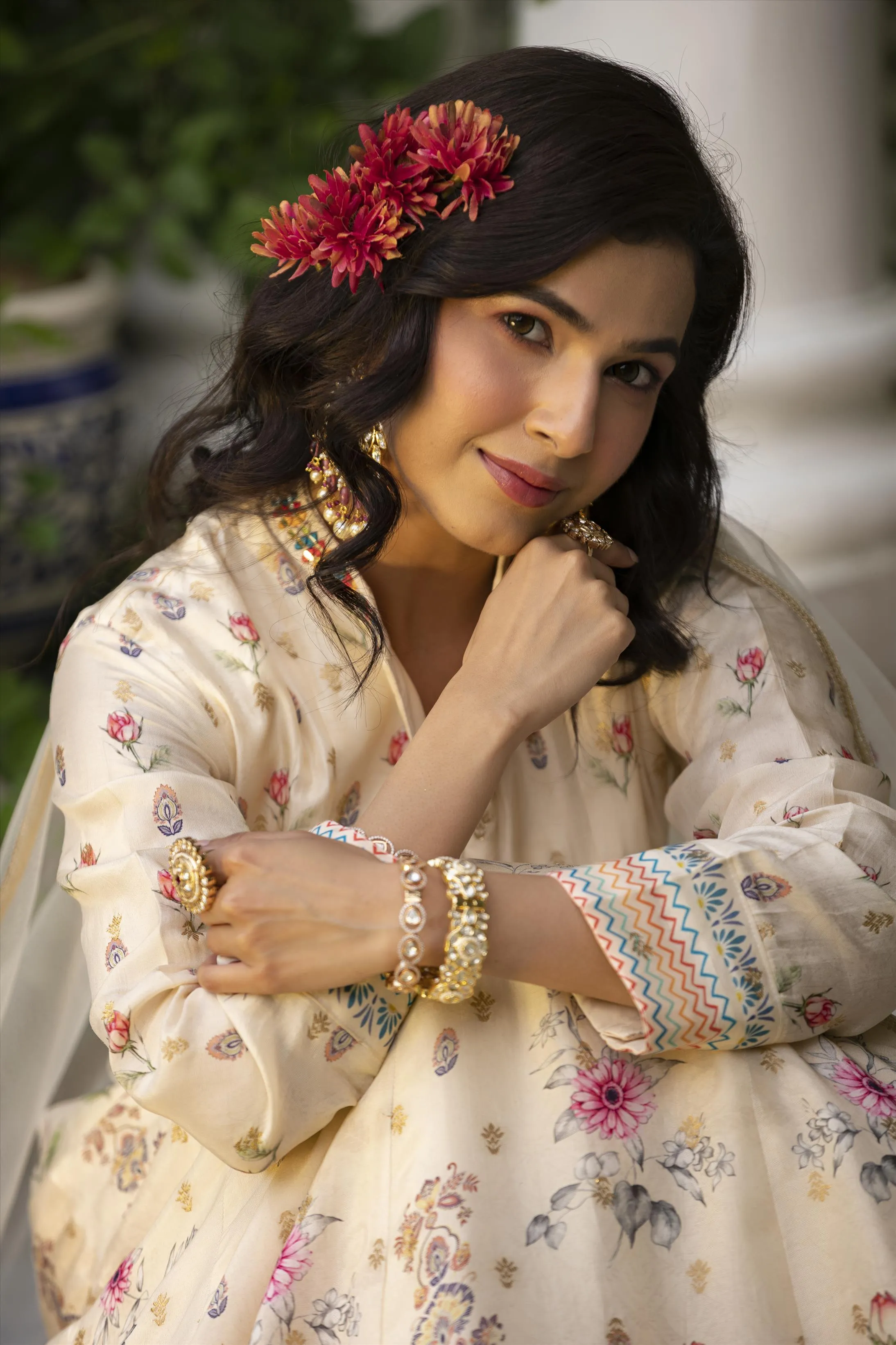 Off White Dola Silk Floral Anarkali Gown With Dupatta