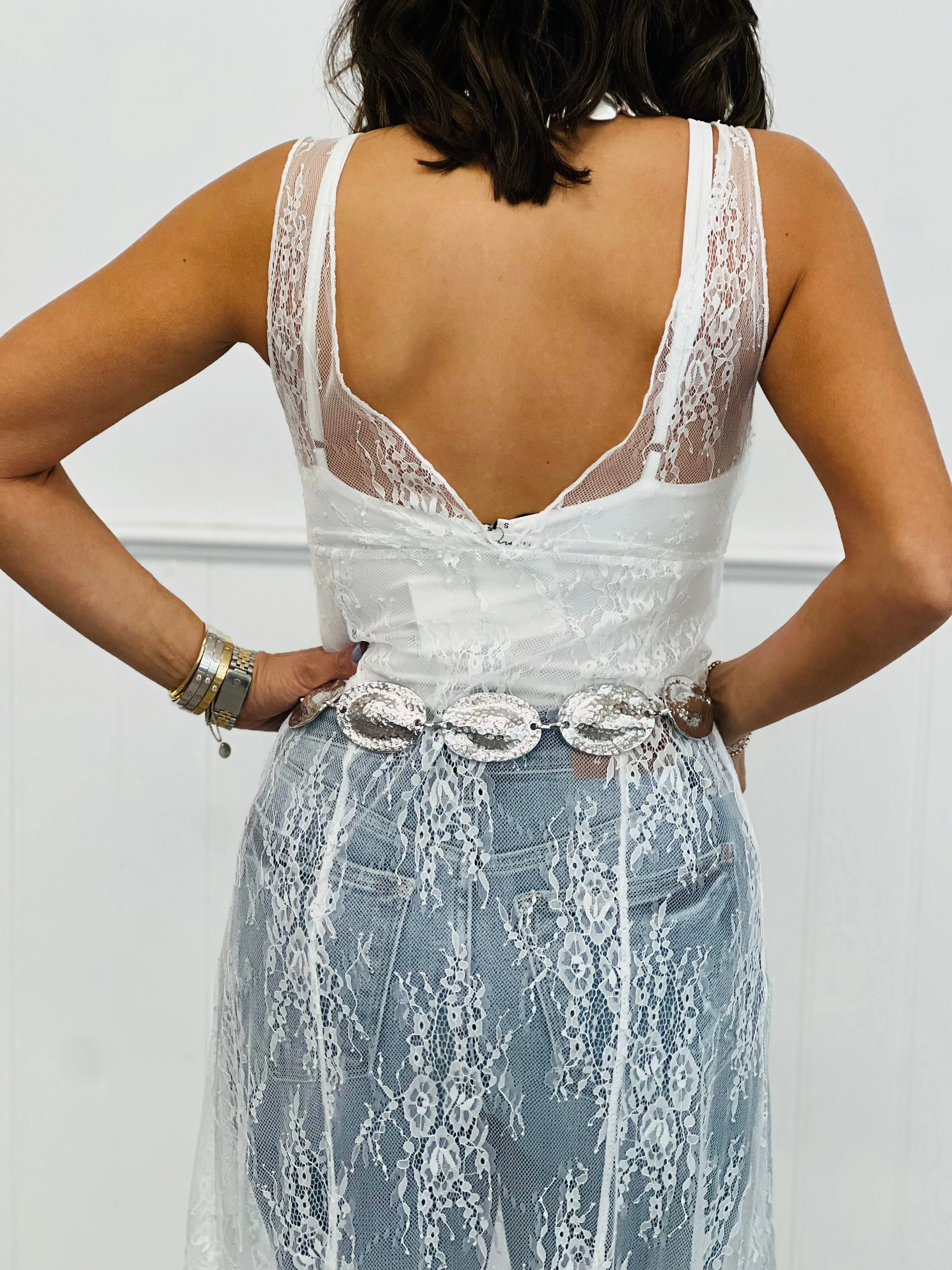 Off White V-Neck Bodysuit & Sheer Lace Dress Set (Reg.)