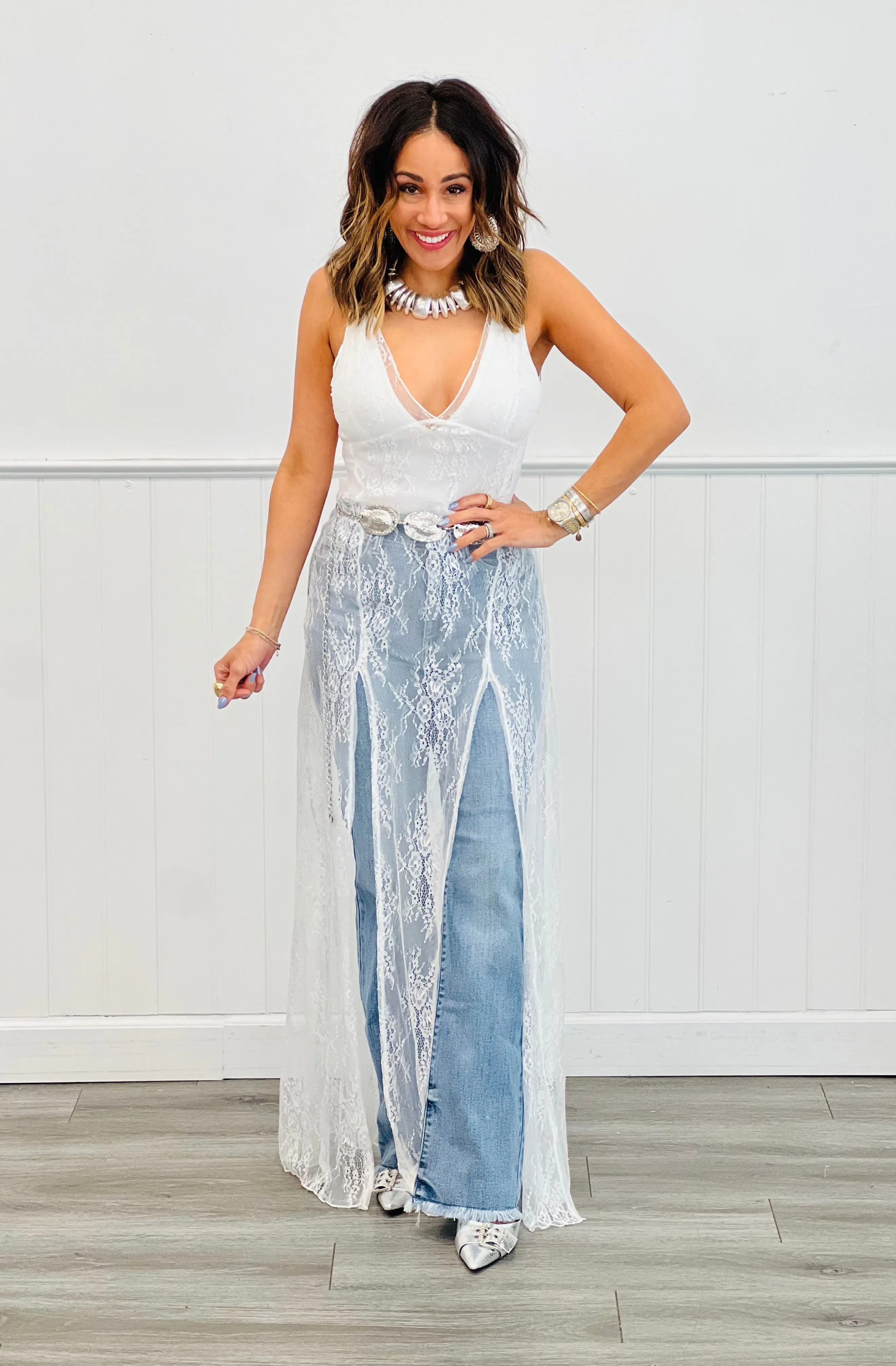 Off White V-Neck Bodysuit & Sheer Lace Dress Set (Reg.)