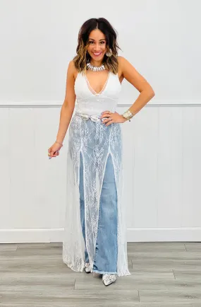 Off White V-Neck Bodysuit & Sheer Lace Dress Set (Reg.)