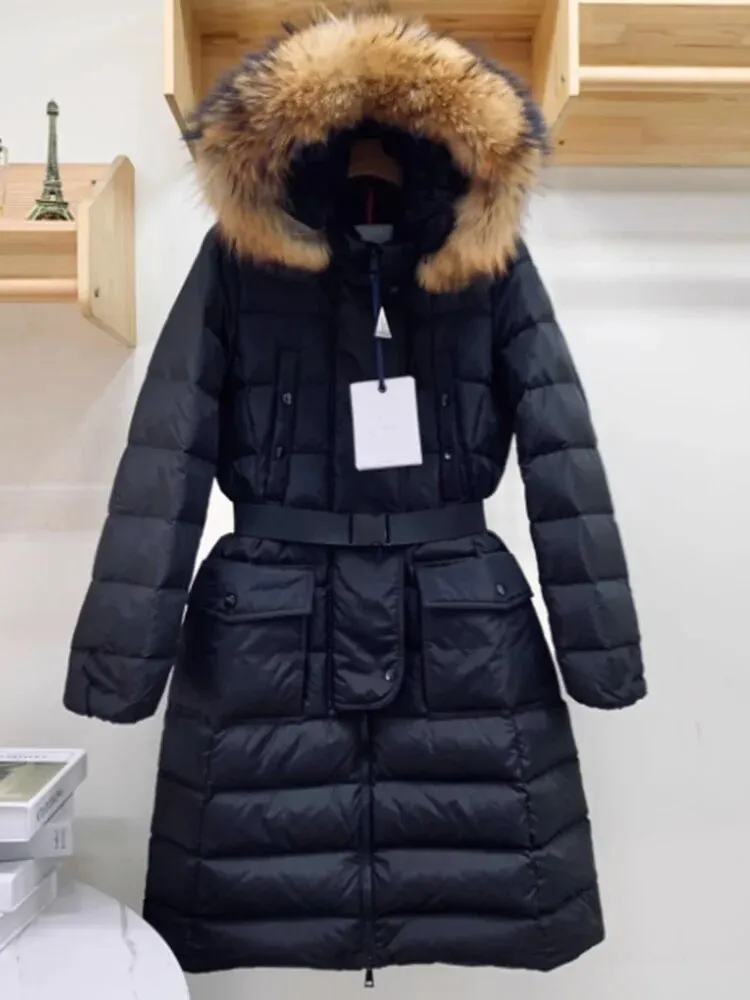 Parka Femme Mujer 2023 Winter Women Real Fur Collar Long Coat With Belt Hooded Thick White Duck Down Puffer Jacket ZN142
