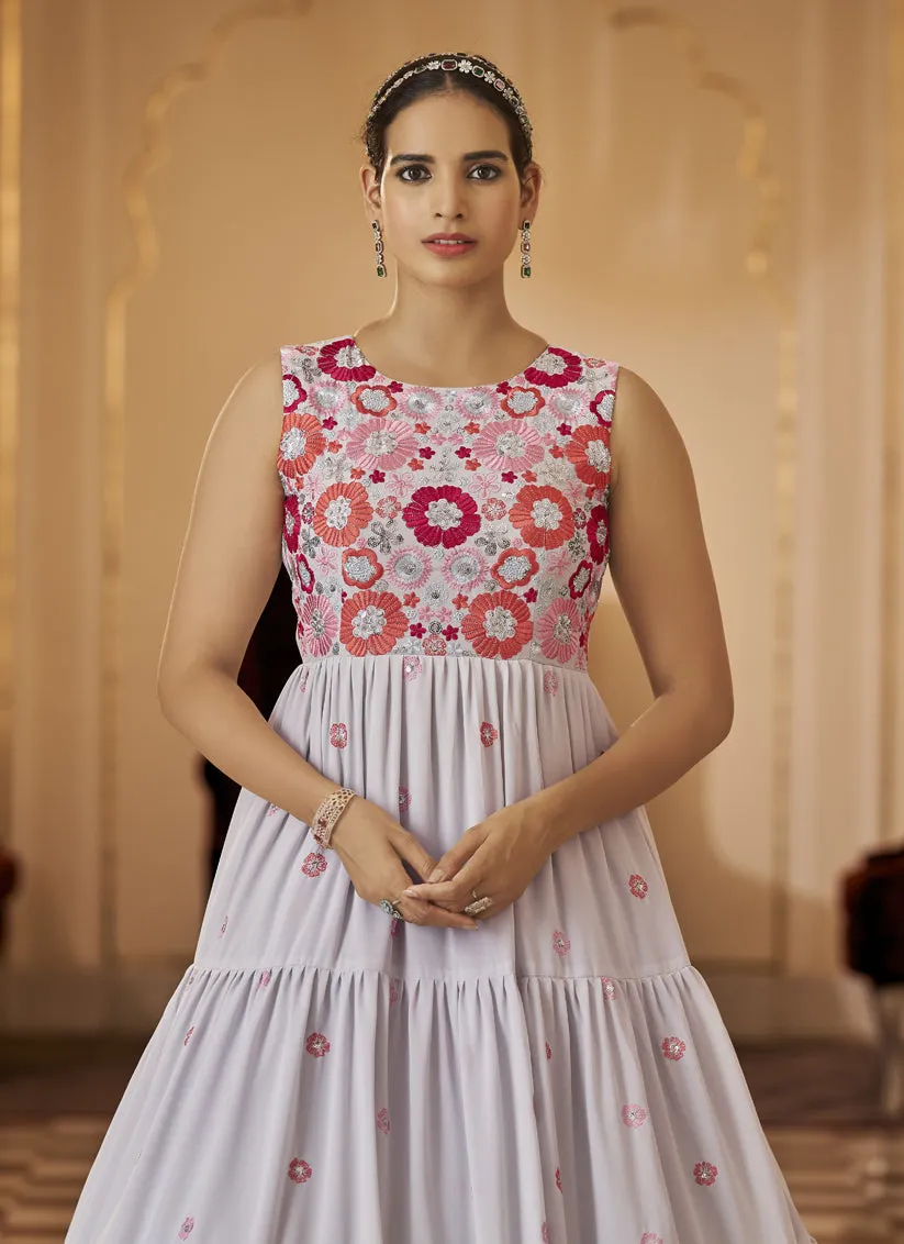 Pearl Grey Georgette Embroidered Gown