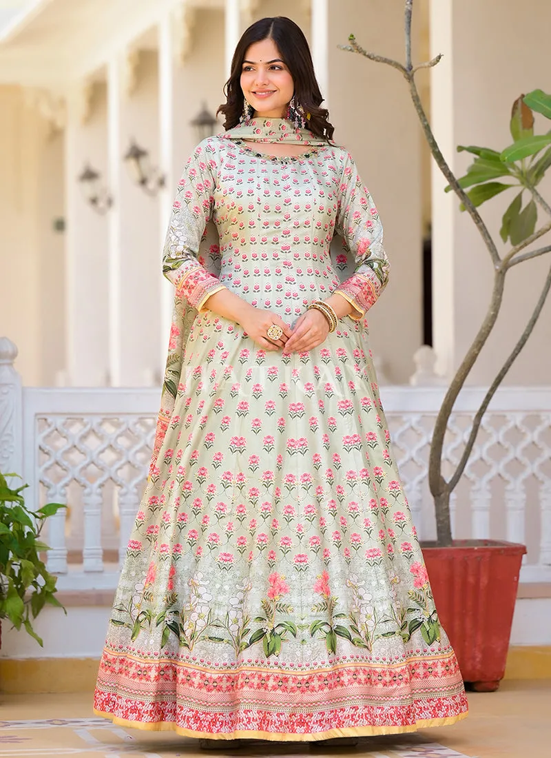 Pista Green Multi-colored Digital Printed Gown