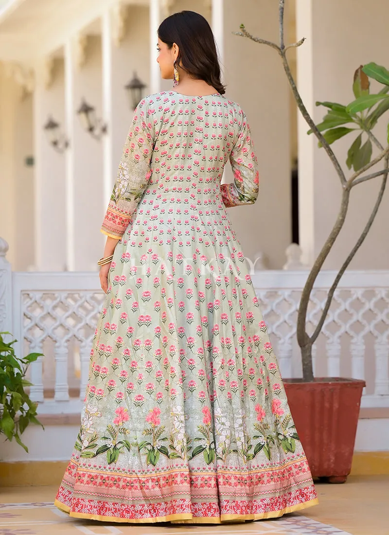 Pista Green Multi-colored Digital Printed Gown