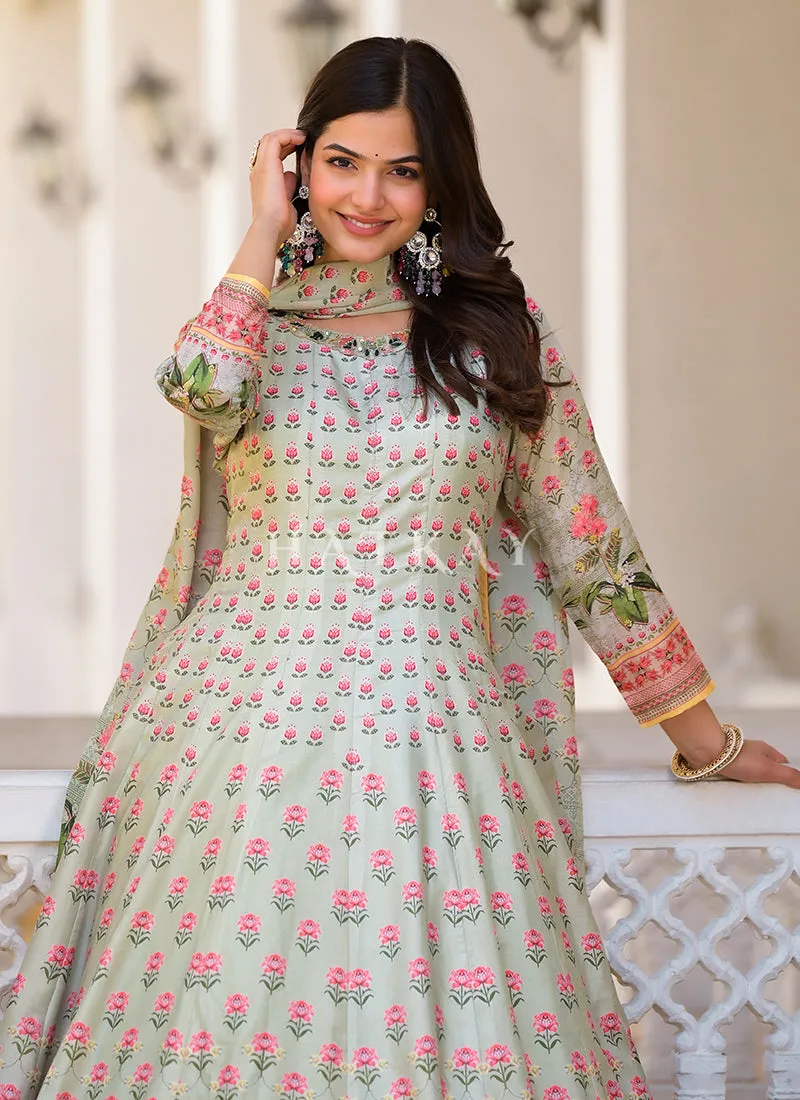 Pista Green Multi-colored Digital Printed Gown