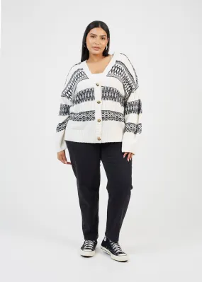 PLUS V-NECK CARDIGAN WITH FAIRISLE STRIP PATTERN