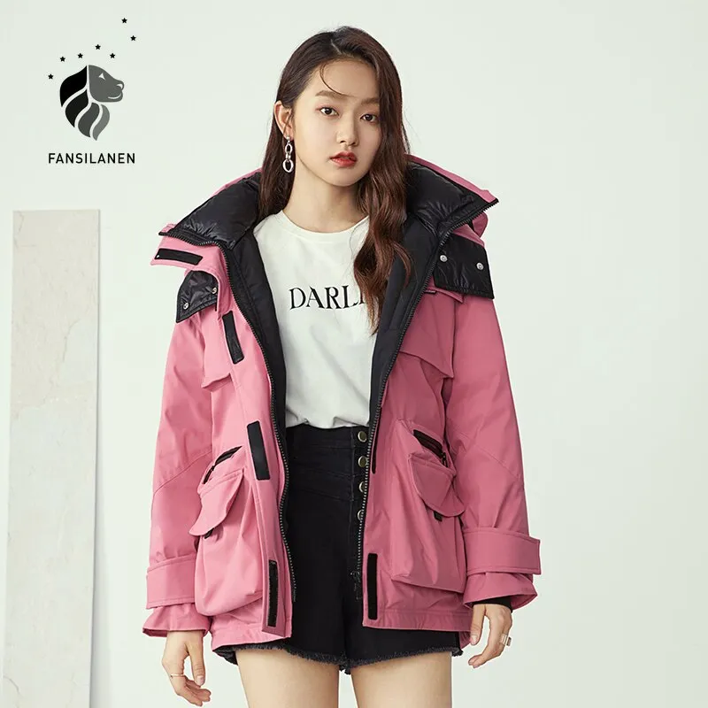 Pocket Worker Hooded Short Down Jacket Women Thermal Feather Strap Casaul Down Parka Female Puffy White Winter Coat