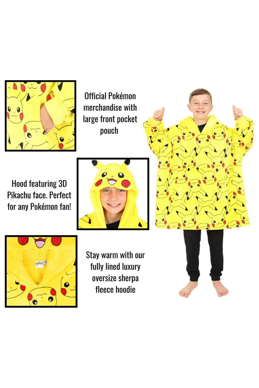 Pokemon Pikachu Fully Lined Oversized Fleece Hoodie Yellow Boys Girls