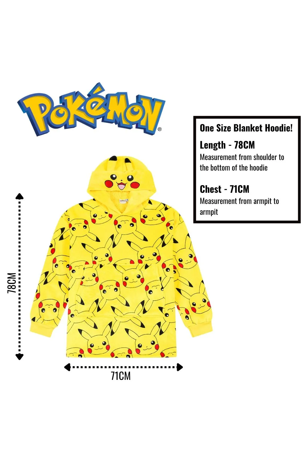 Pokemon Pikachu Fully Lined Oversized Fleece Hoodie Yellow Boys Girls