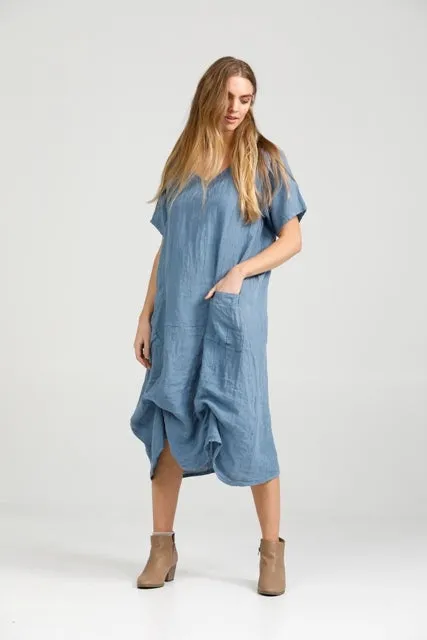 Primavera linen dress. Denim Blue