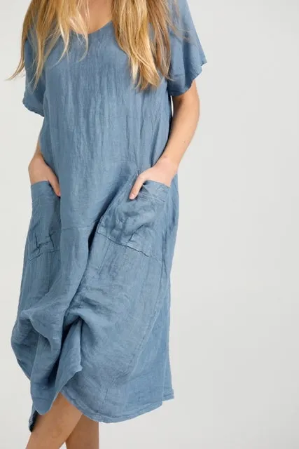 Primavera linen dress. Denim Blue