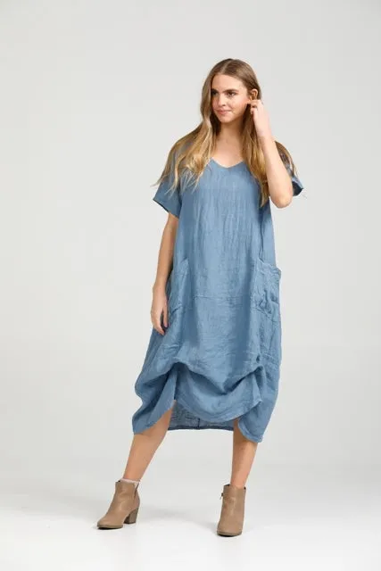 Primavera linen dress. Denim Blue