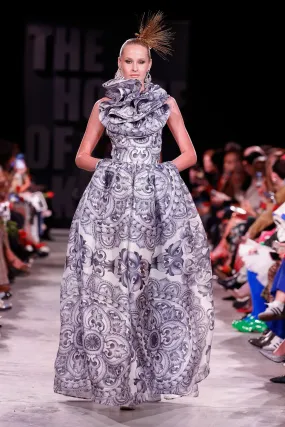 Printed Silk Gazar Ballgown with Ruffle Detail
