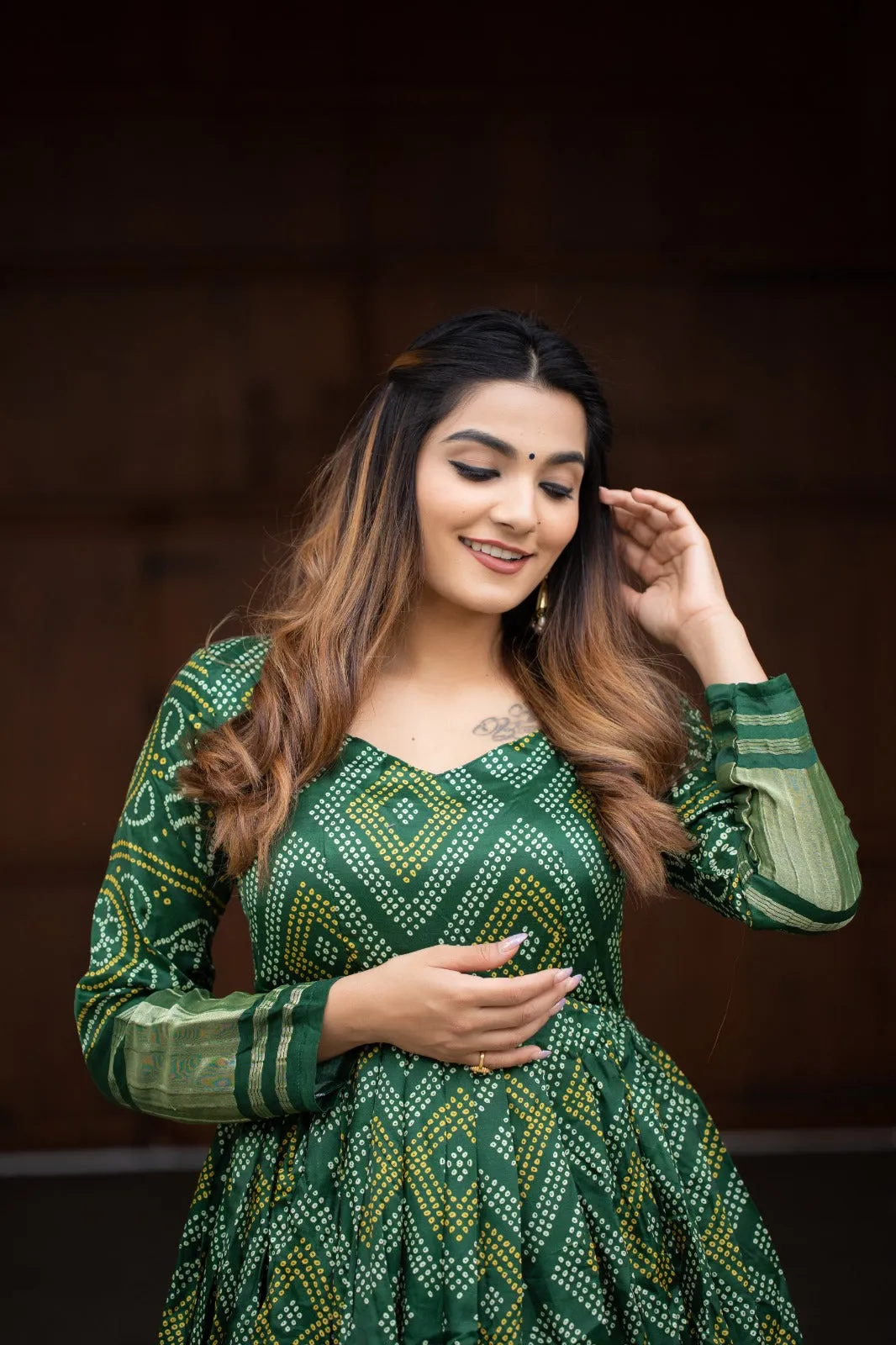 Pure Gaji Silk Bandhni Printed Green Traditional Gown