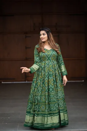 Pure Gaji Silk Bandhni Printed Green Traditional Gown