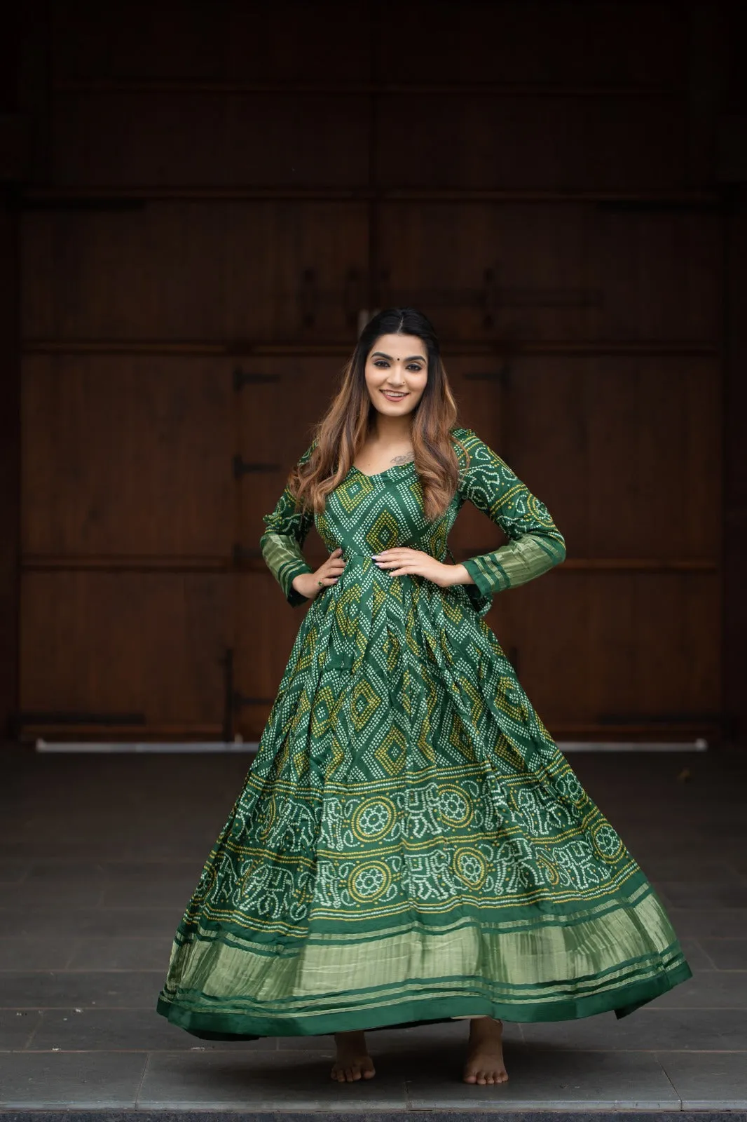 Pure Gaji Silk Bandhni Printed Green Traditional Gown