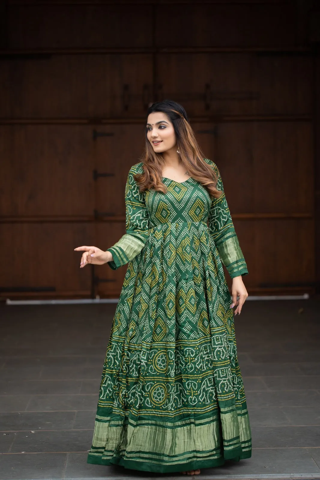 Pure Gaji Silk Bandhni Printed Green Traditional Gown