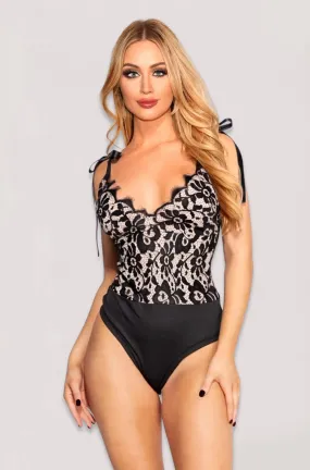 Rema Ribbon Detail Lace Bodysuit (Black)
