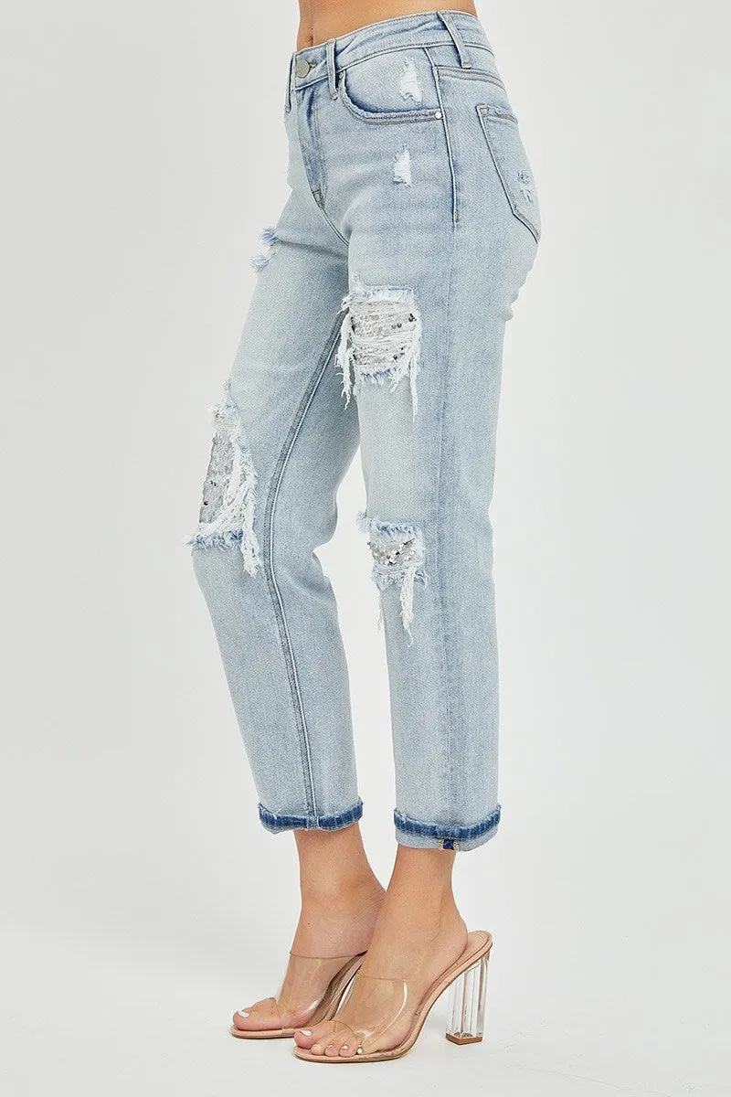 Risen Jeans - Mid Rise Sequins Patched Tapered Jeans - RDP5414