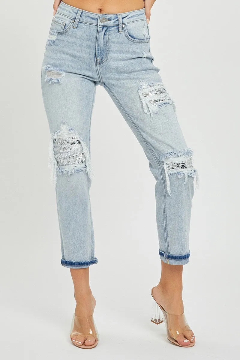 Risen Jeans - Mid Rise Sequins Patched Tapered Jeans - RDP5414
