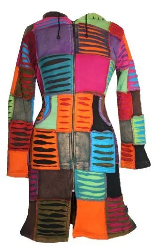 RJ 325 Funky Multi-colored Patches Long Bohemian Fleece Hoddie Jacket