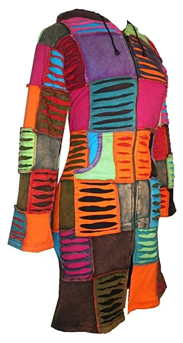 RJ 325 Funky Multi-colored Patches Long Bohemian Fleece Hoddie Jacket