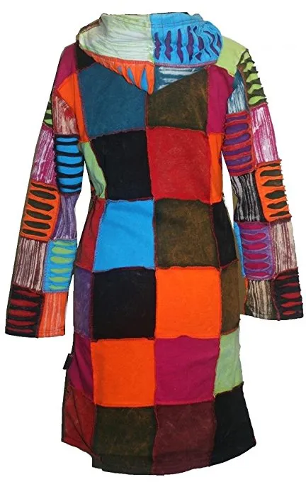 RJ 325 Funky Multi-colored Patches Long Bohemian Fleece Hoddie Jacket
