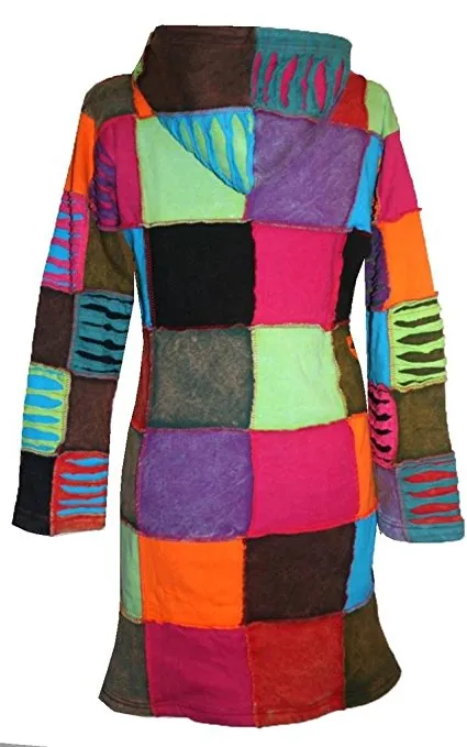 RJ 325 Funky Multi-colored Patches Long Bohemian Fleece Hoddie Jacket