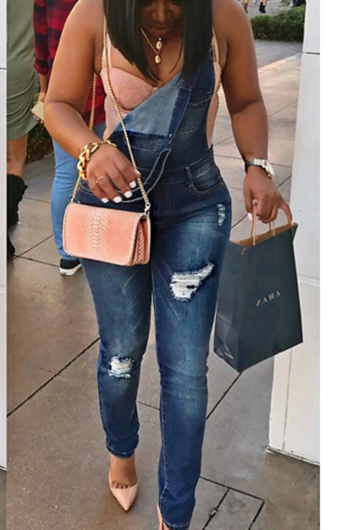 Rough Holes Pocket Long Slim Skinny Rompers Jeans