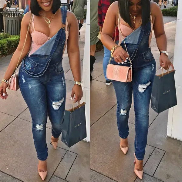 Rough Holes Pocket Long Slim Skinny Rompers Jeans
