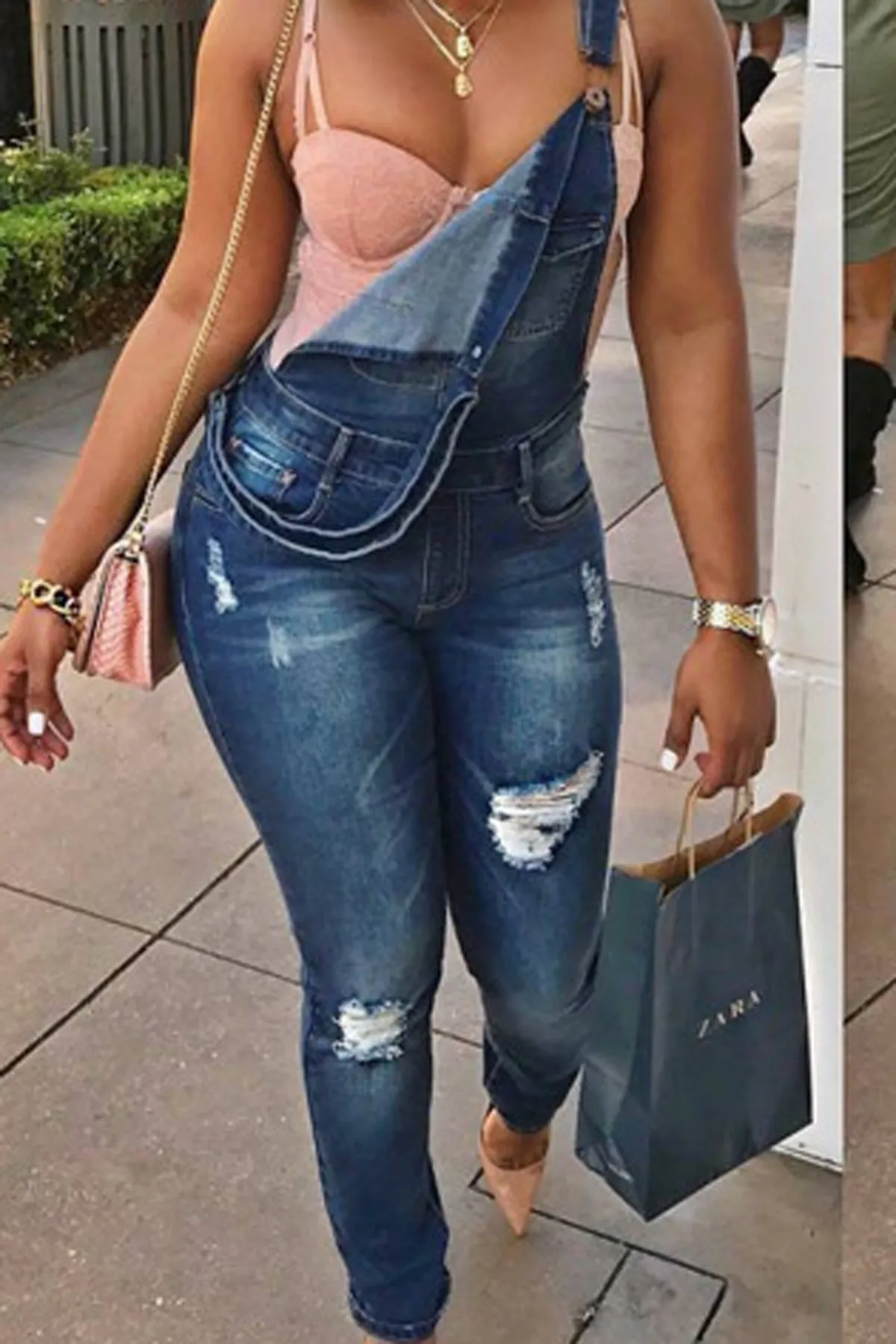 Rough Holes Pocket Long Slim Skinny Rompers Jeans