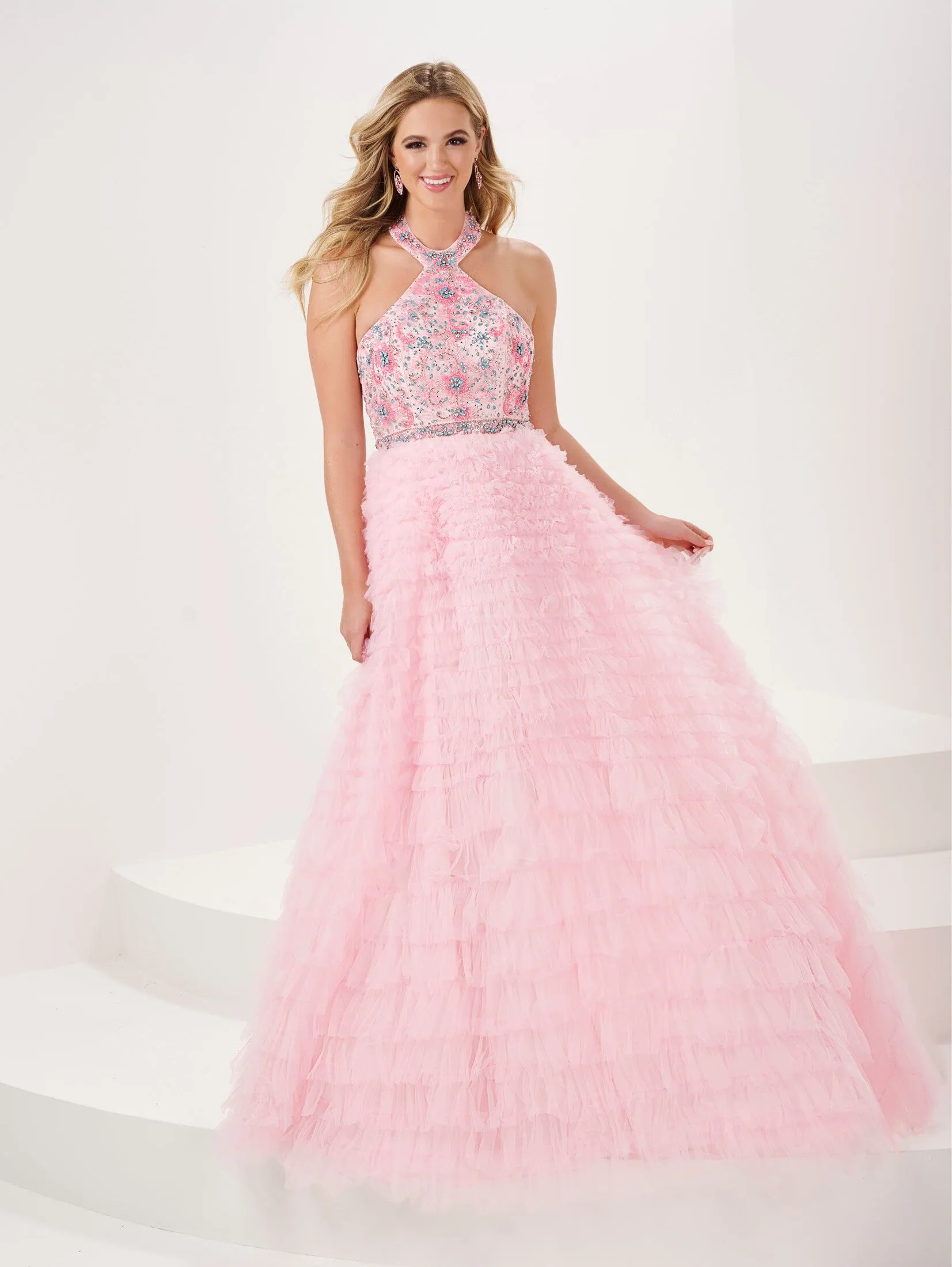 Ruffled Floral Beaded Halter A-line Gown by Panoply 14190