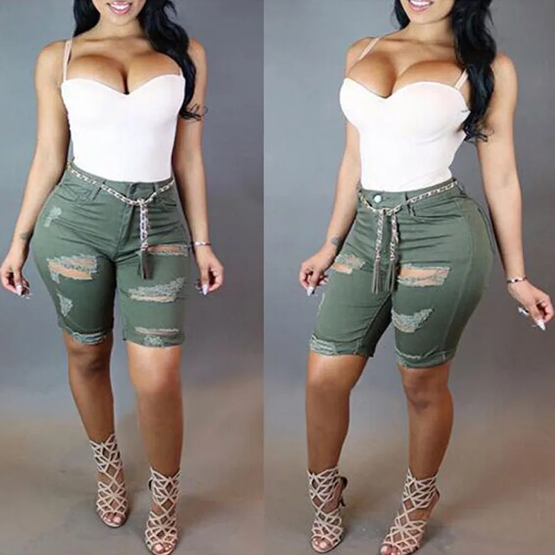 Sexy High Waist Green Ripped Denim Half Pants